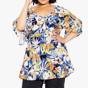 NWT Loralette Women's Plus Size 26/28 Floral Ruffle Sleeve Tunic Top Multicolor